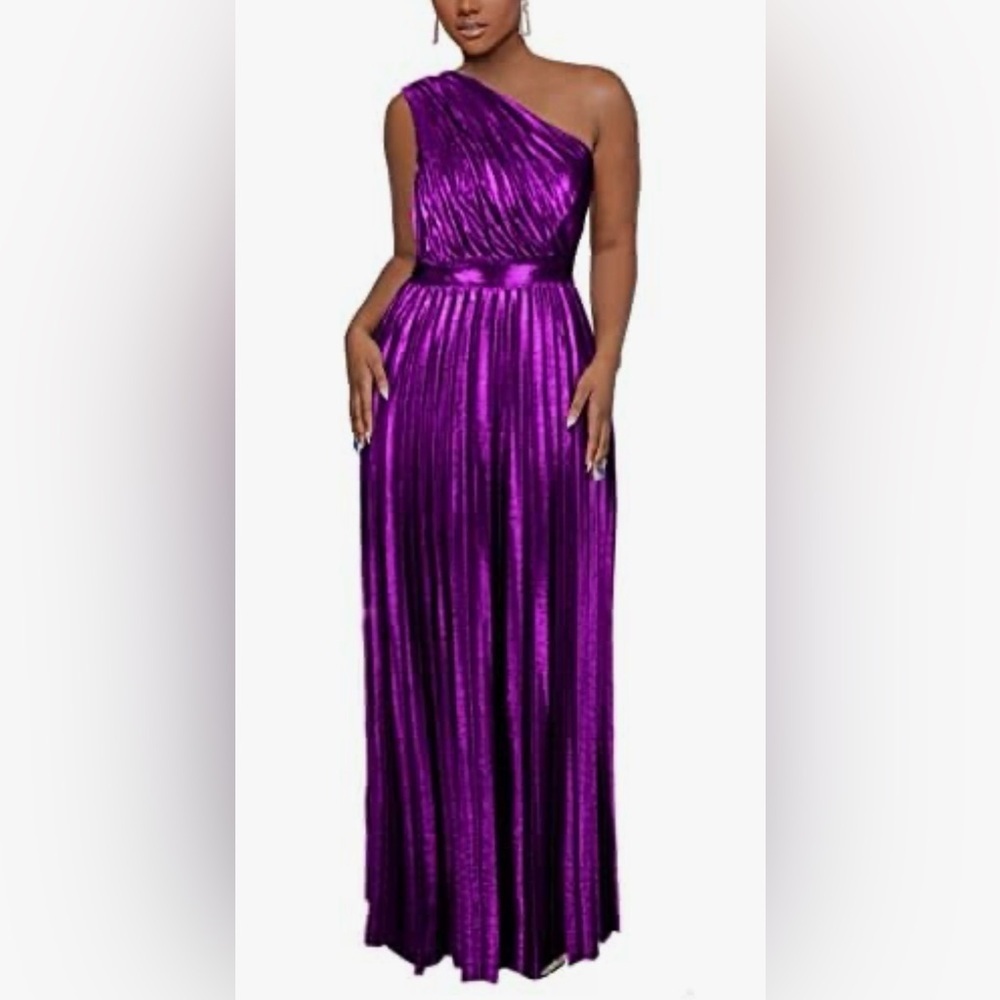 AOMEI Plus Luxury Metallic One Shoulder Sleeveless Elegant Pleated Long Dress